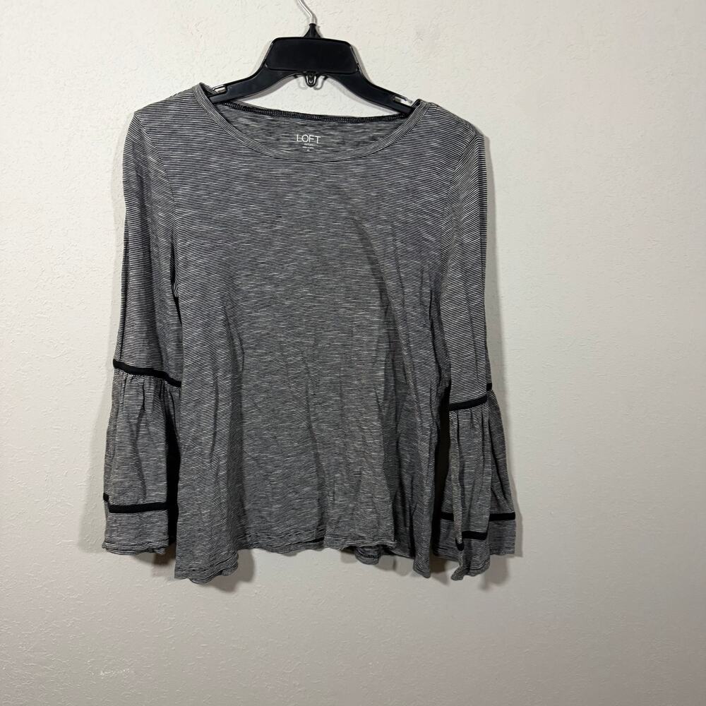 Loft Outlet Black Gray Striped Long Bell Sleeves Basic Blouse Womens M Business